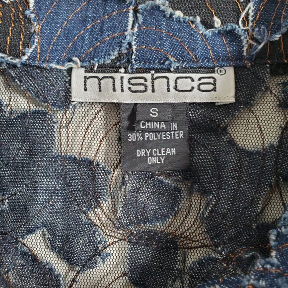 Mishca Women's Shirt Small Blue Denim Distressed Applique on Mesh Embroidered - Picture 6 of 12